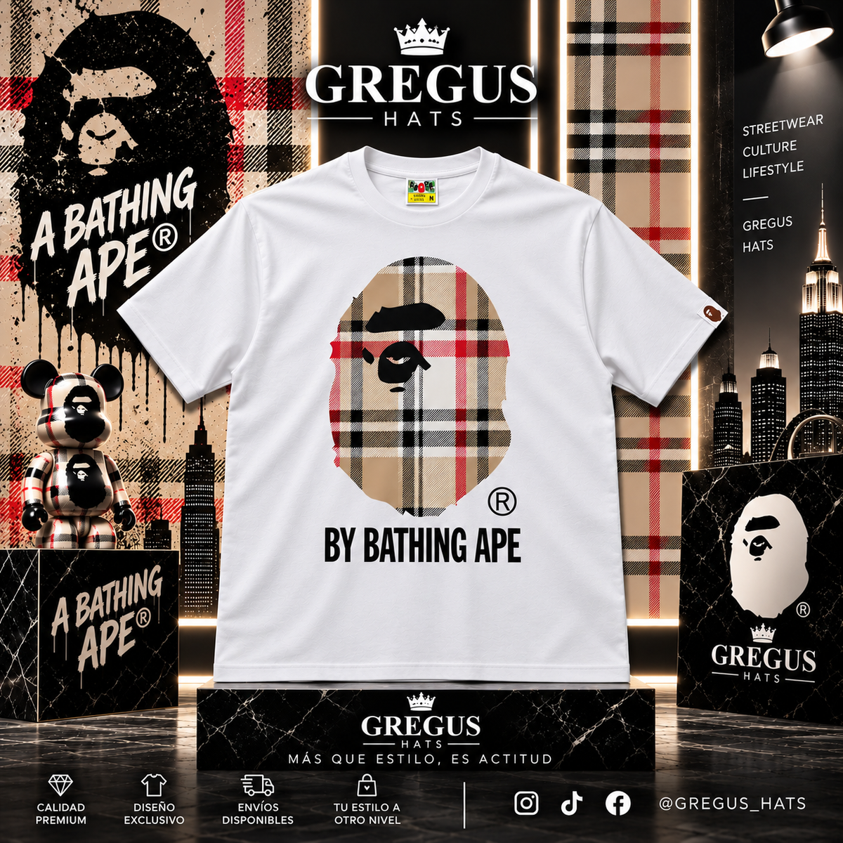 BAPE – Ape Head Check Plaid Tee – White/Beige