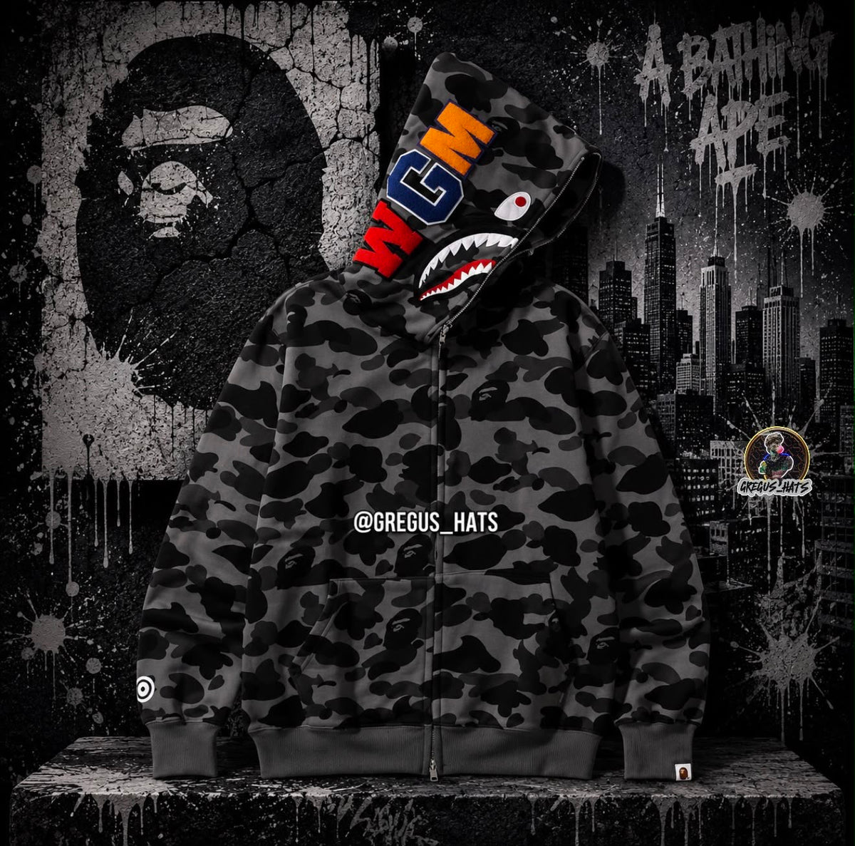 BAPE Shark Full Zip Hoodie – Black Grey Camo