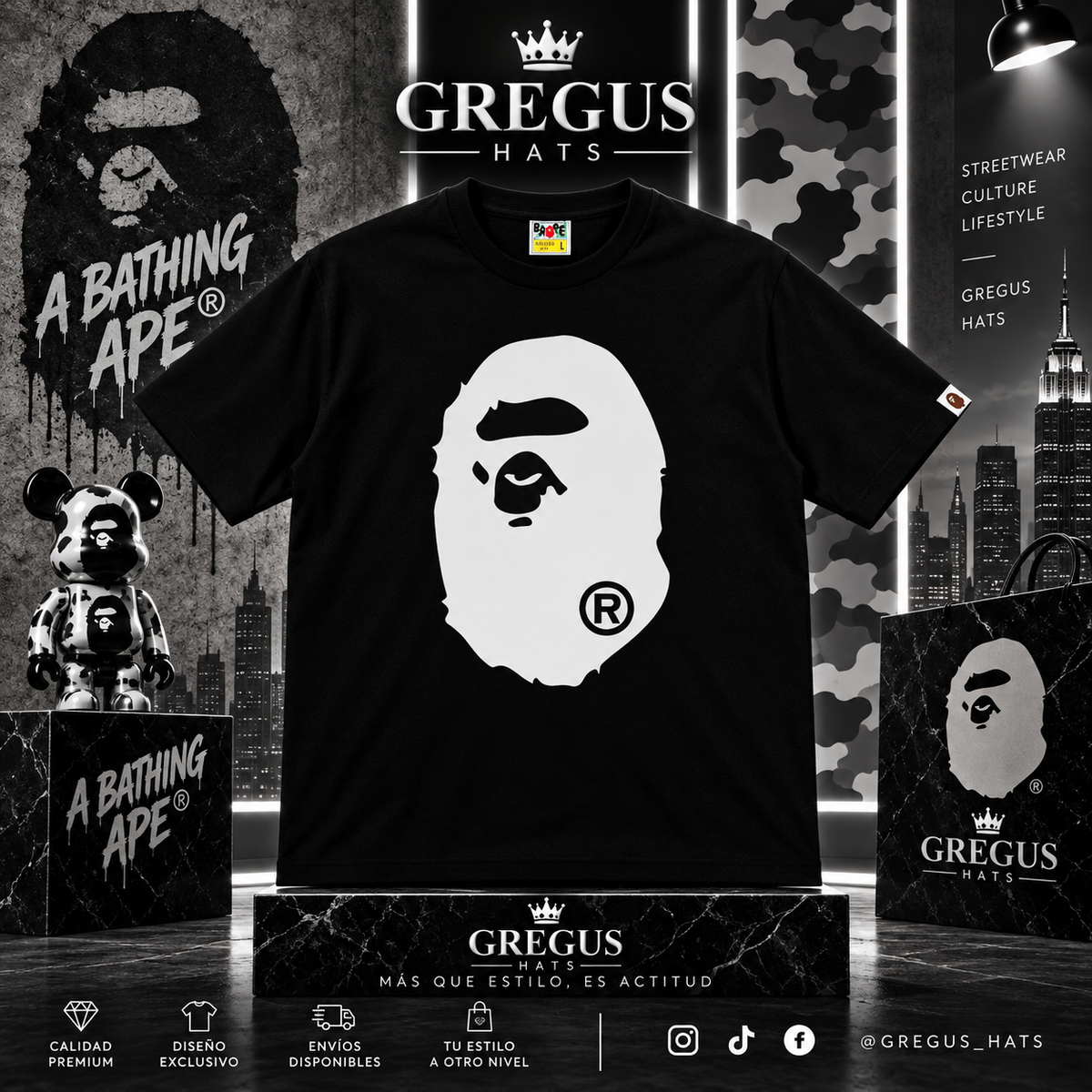 BAPE A Bathing Ape – White Ape Head Tee – Black