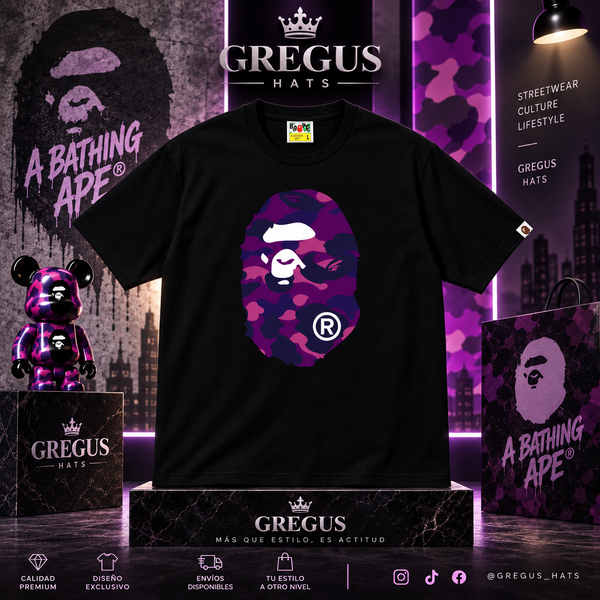BAPE A Bathing Ape – Purple Camo Big Ape Head Tee – Black