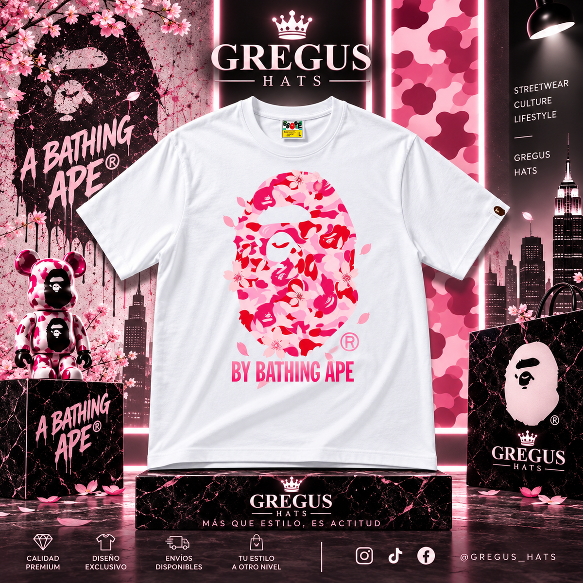 BAPE A Bathing Ape – Pink Camo Ape Head Tee – White