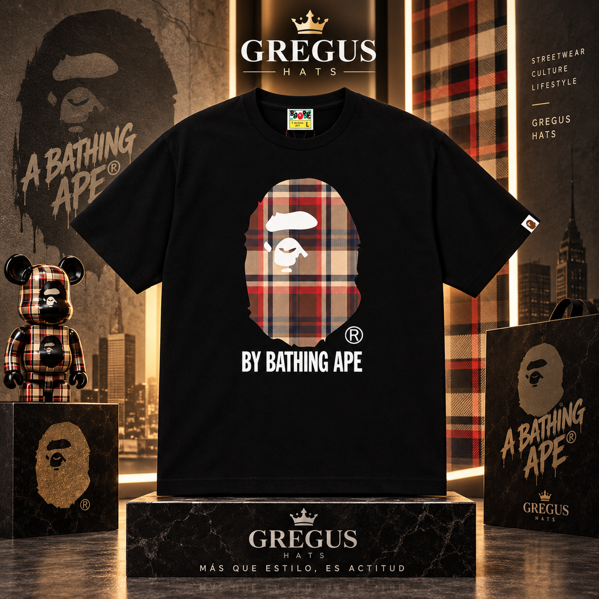 BAPE A Bathing Ape – Brown Check Big Ape Head Tee