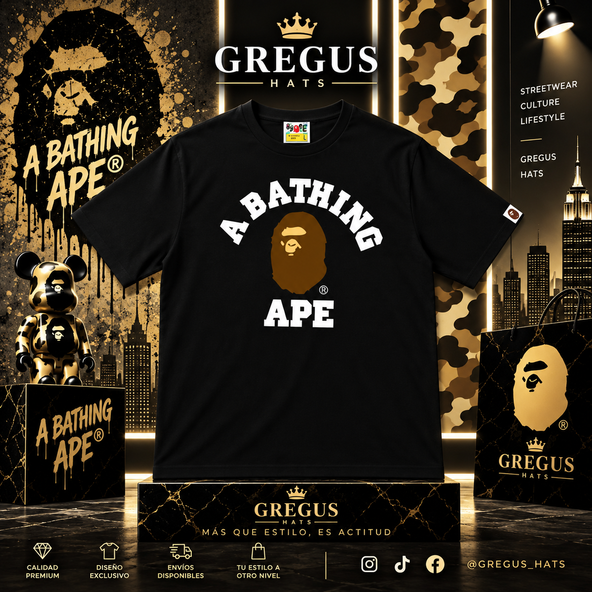 BAPE A Bathing Ape – College Logo Ape Head Tee – Black/Gold