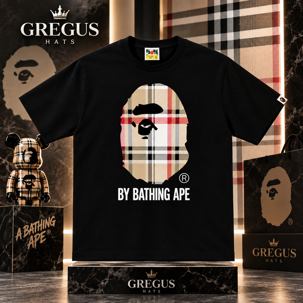 BAPE A Bathing Ape – Beige Check Big Ape Head Tee