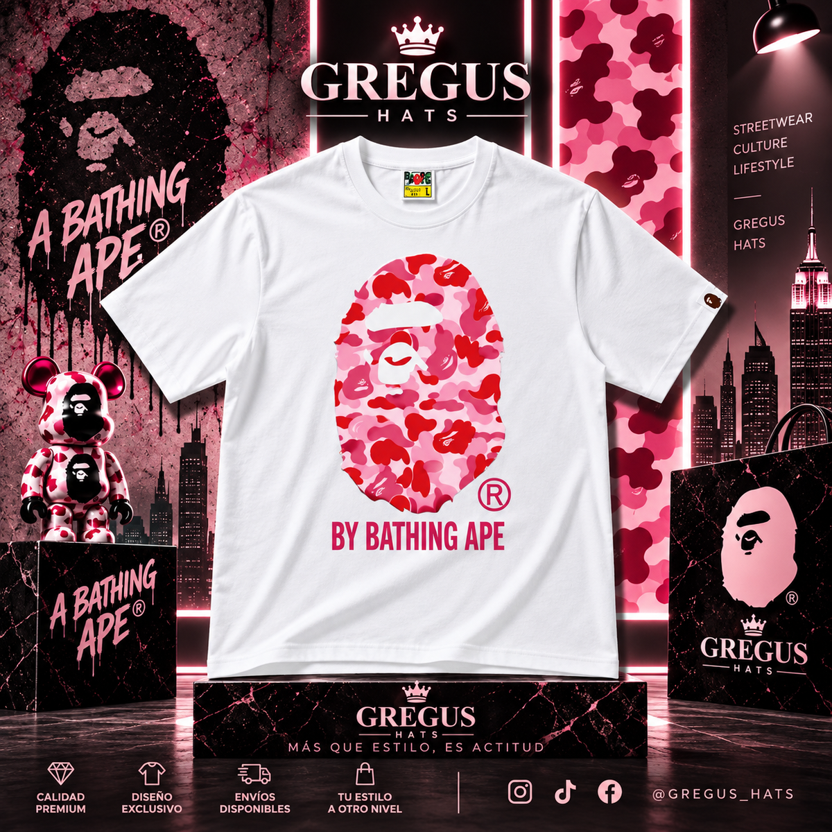 BAPE A Bathing Ape – Pink Camo Ape Head Tee – White