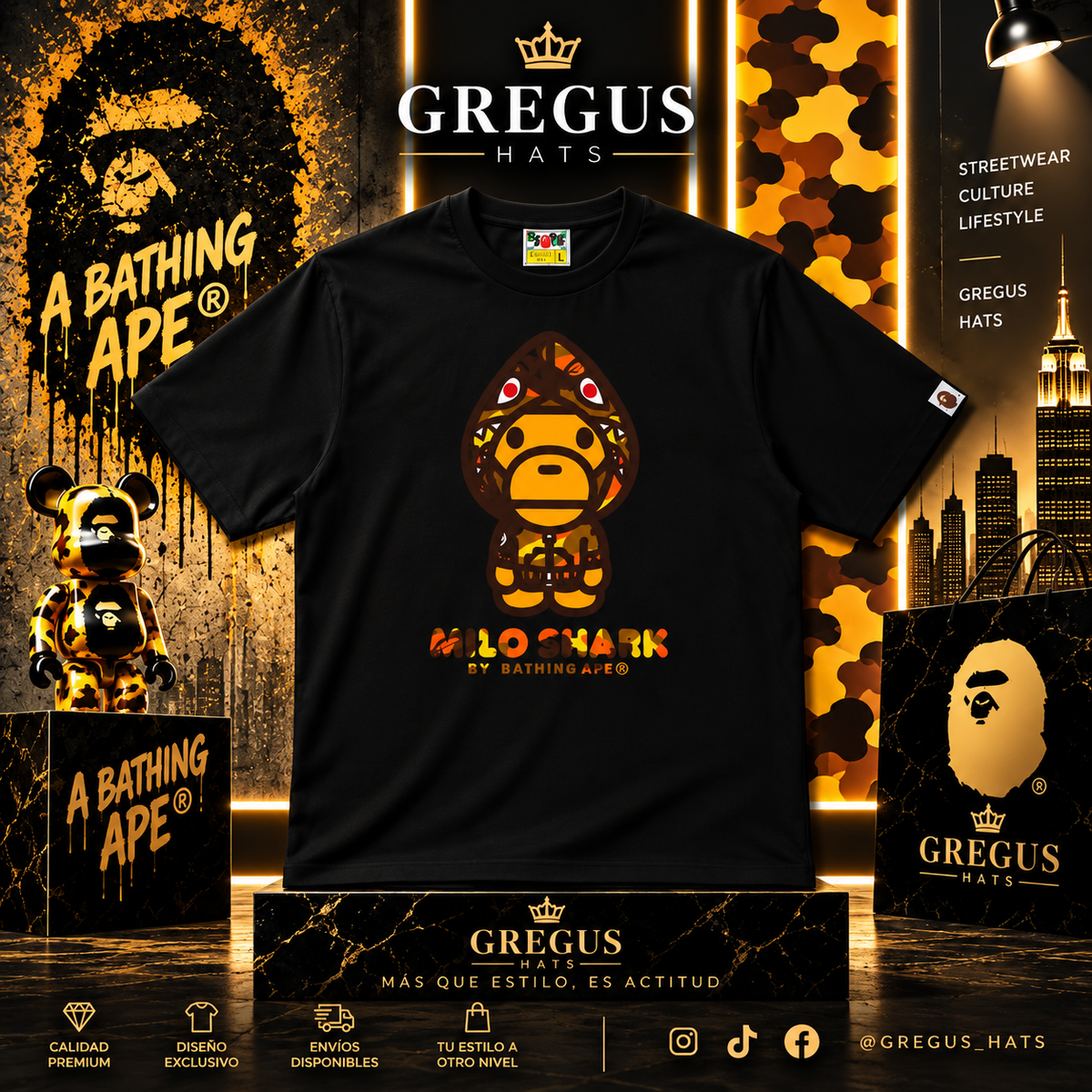 BAPE A Bathing Ape – Milo Shark Tee – Black/Orange