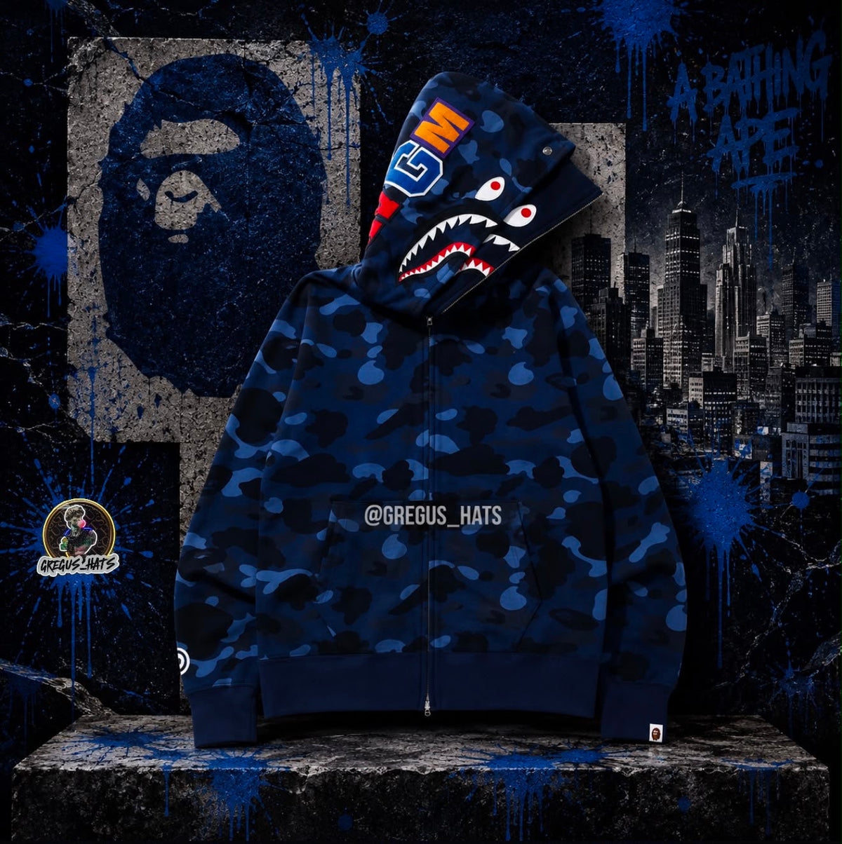 BAPE Shark Full Zip Hoodie – Navy Blue Camo
