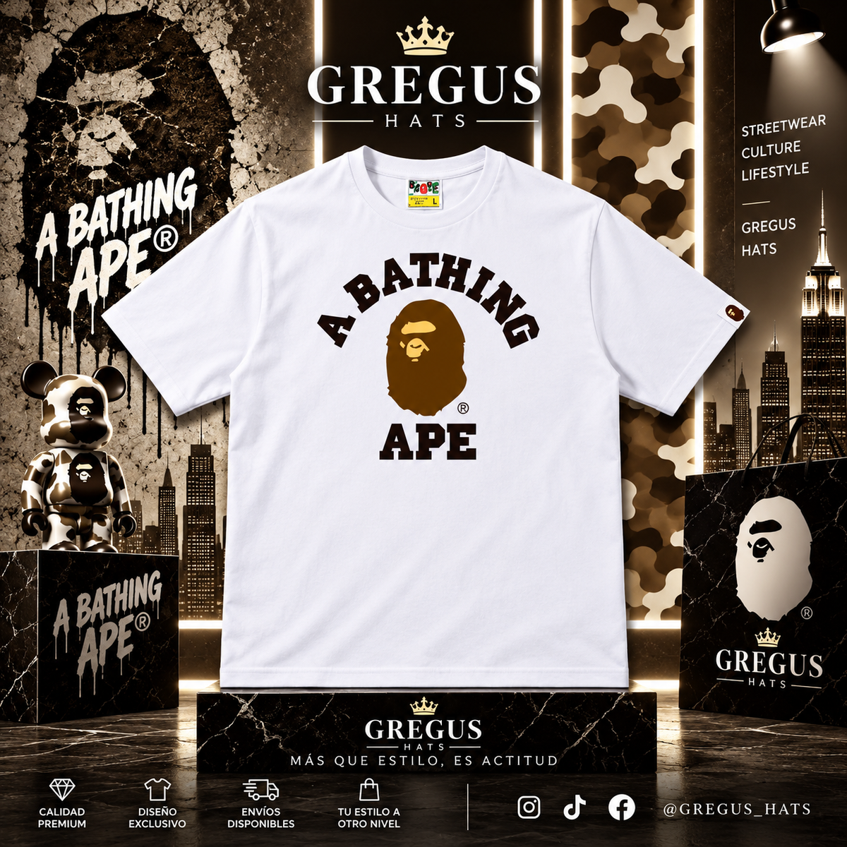 BAPE A Bathing Ape – College Logo Ape Head Tee – White/Gold