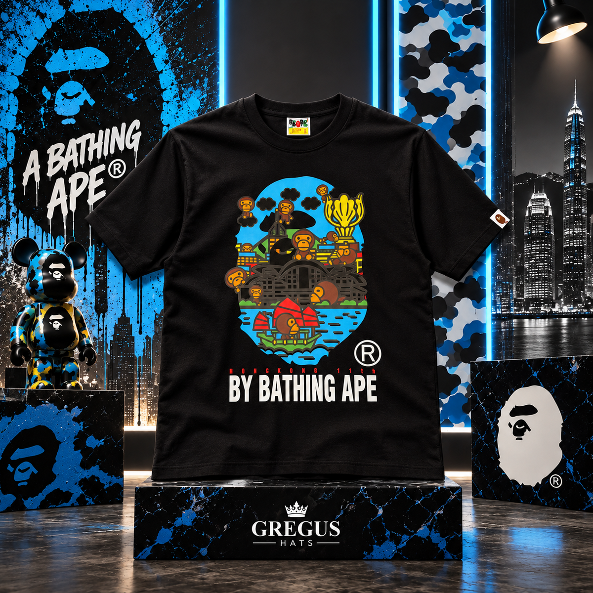 BAPE A Bathing Ape – Ape Head City Graphic Tee – Black/Blue