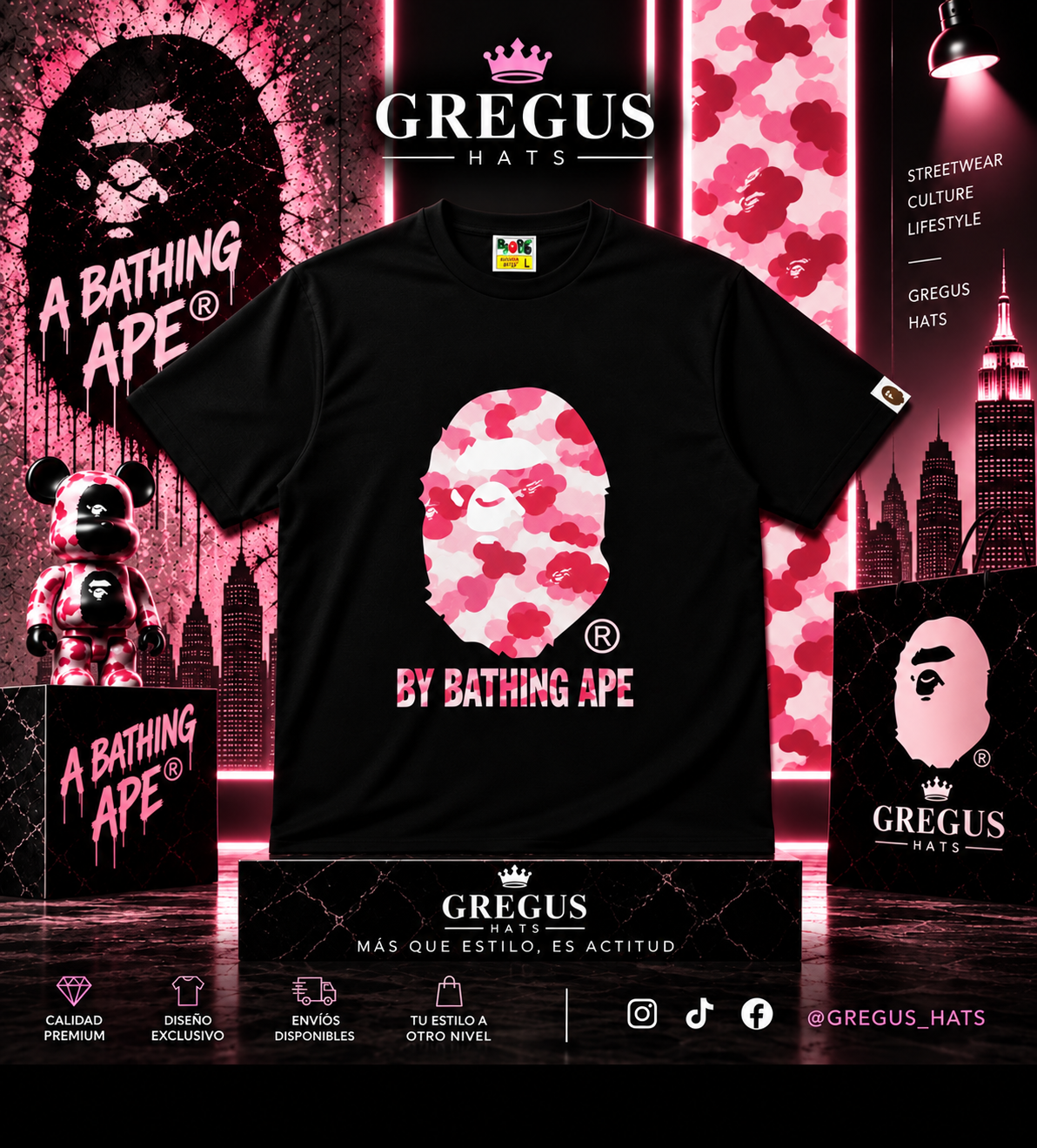 BAPE A Bathing Ape – ABC Camo Ape Head Tee – Black/Pink