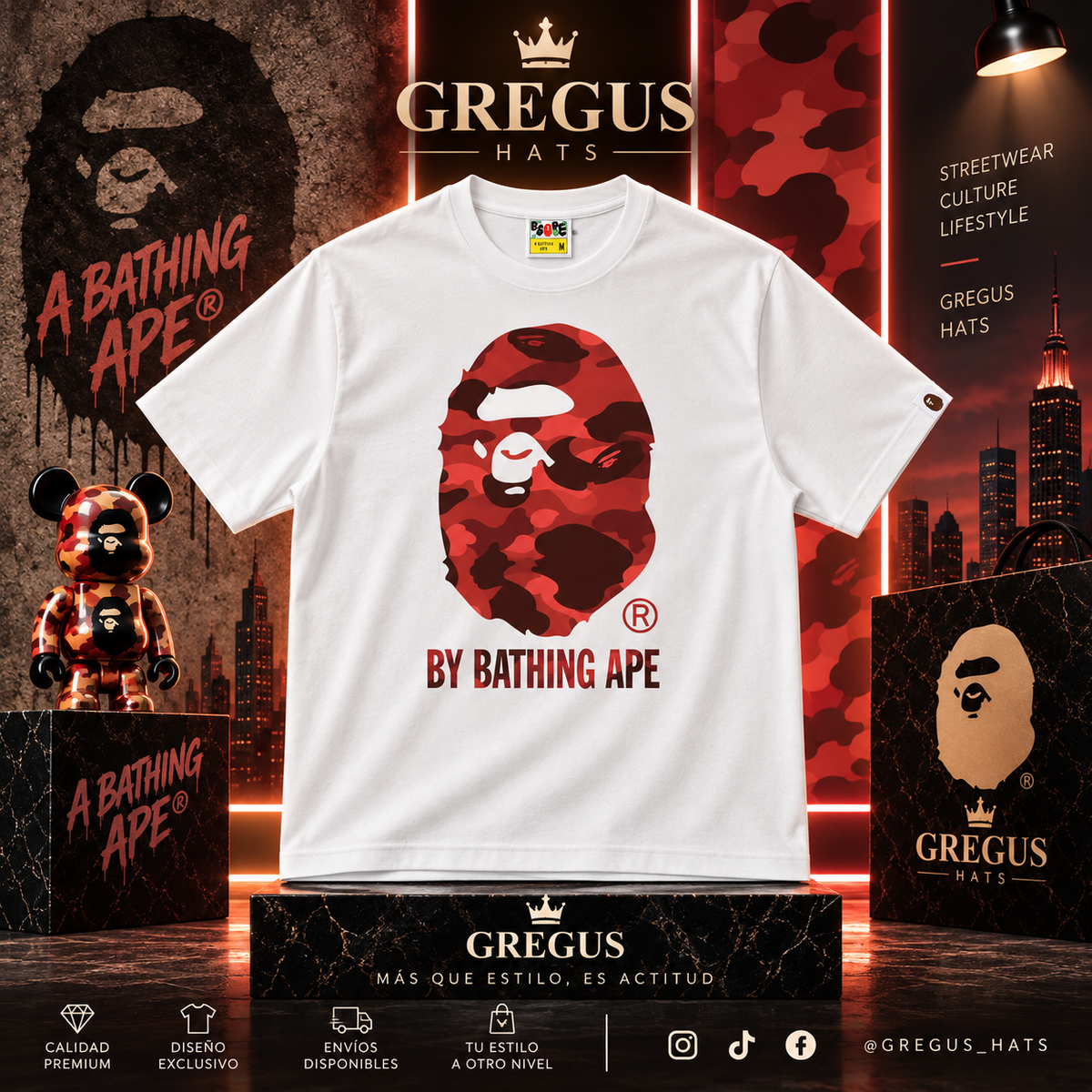 BAPE A Bathing Ape – Red Camo Big Ape Head Tee – White