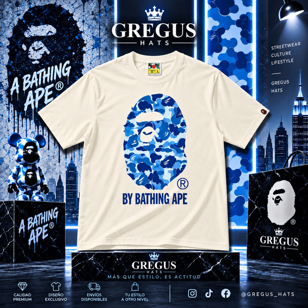BAPE A Bathing Ape – ABC Camo Ape Head Tee – Cream/Blue
