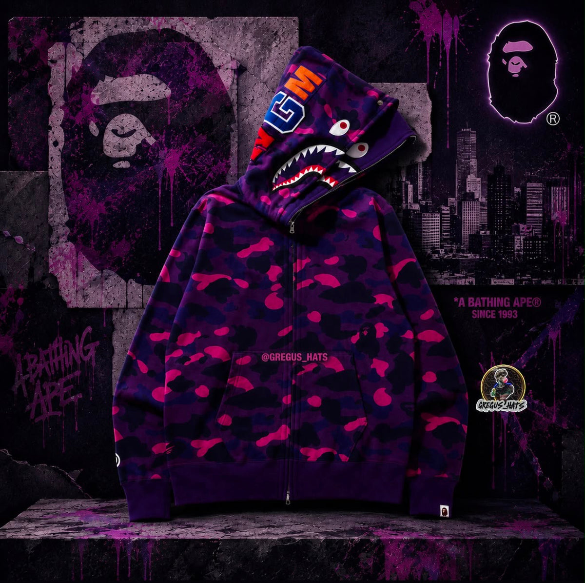 BAPE Shark Full Zip Hoodie – Purple Camo