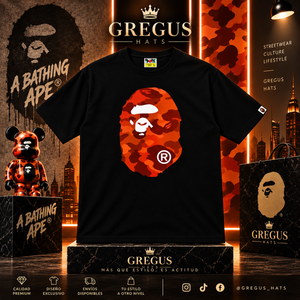 BAPE A Bathing Ape – Orange Camo Big Ape Head Tee – Black
