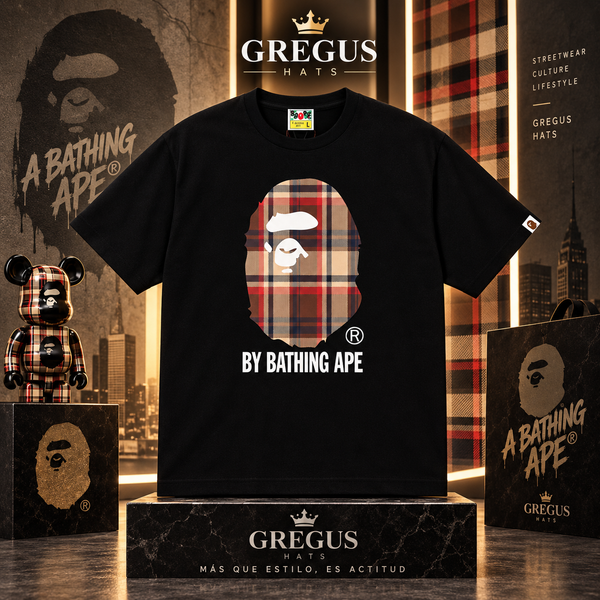 BAPE A Bathing Ape – Brown Check Big Ape Head Tee