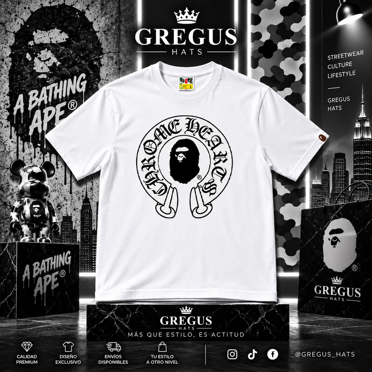BAPE A Bathing Ape – Chrome Hearts Style Ape Head Tee – White