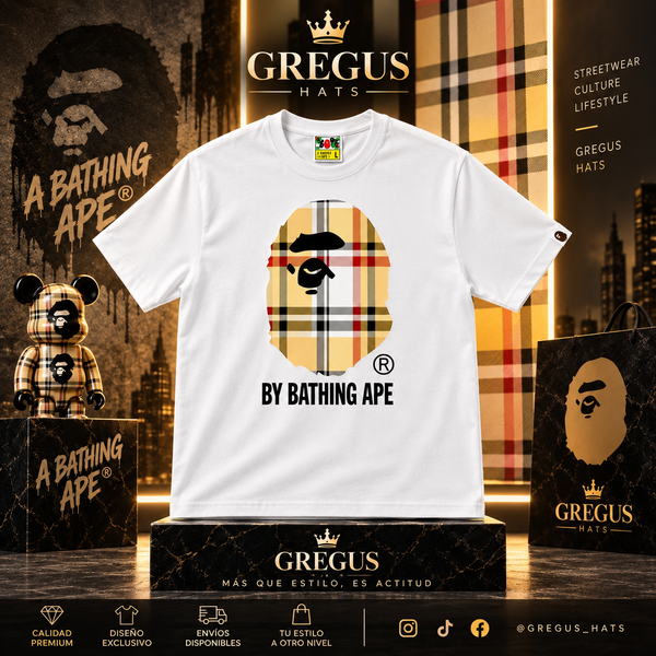 BAPE A Bathing Ape – Beige Check Big Ape Head Tee – White