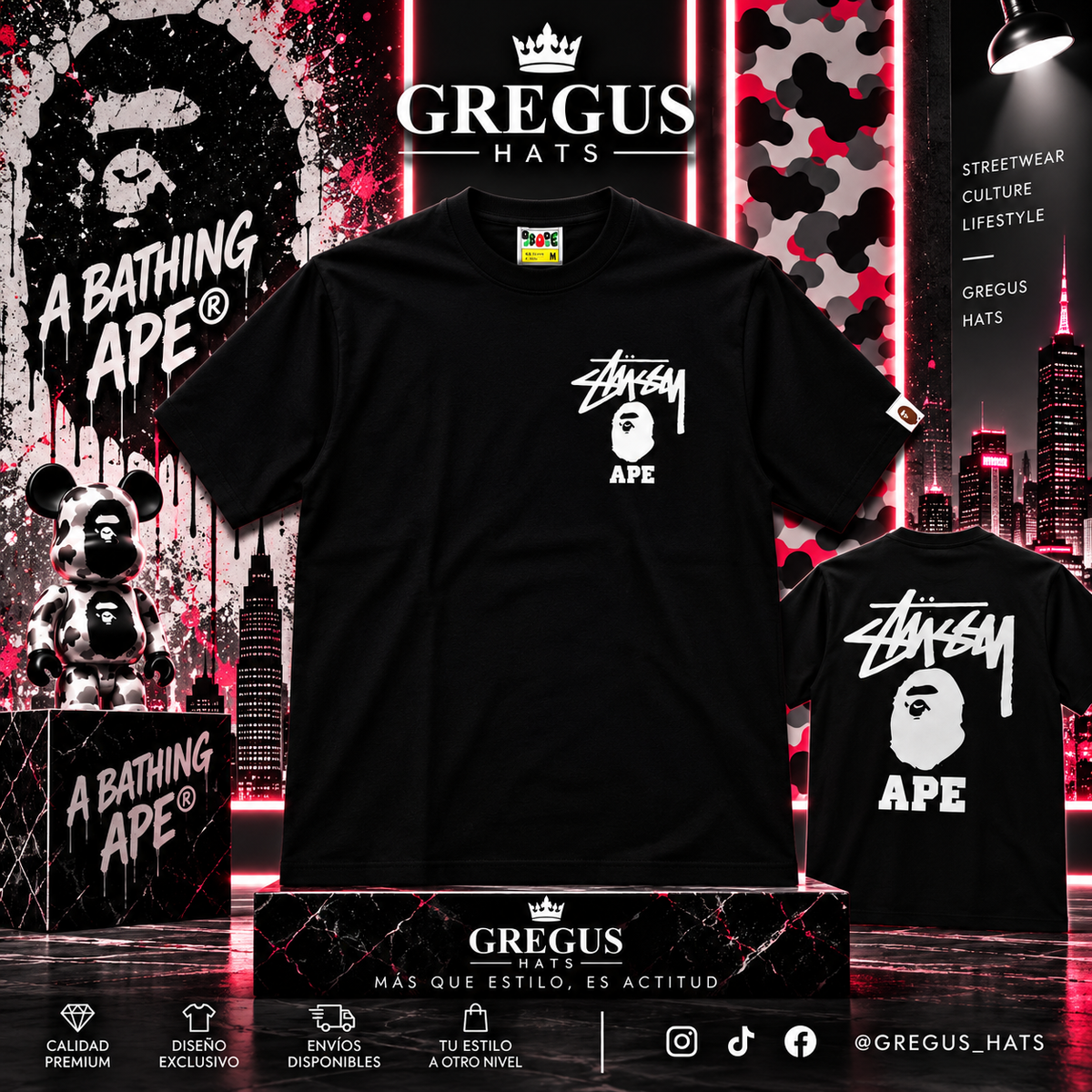 BAPE × Stüssy – Ape Head Logo Tee – Black/White
