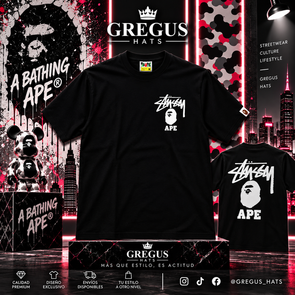 BAPE × Stüssy – Ape Head Logo Tee – Black/White