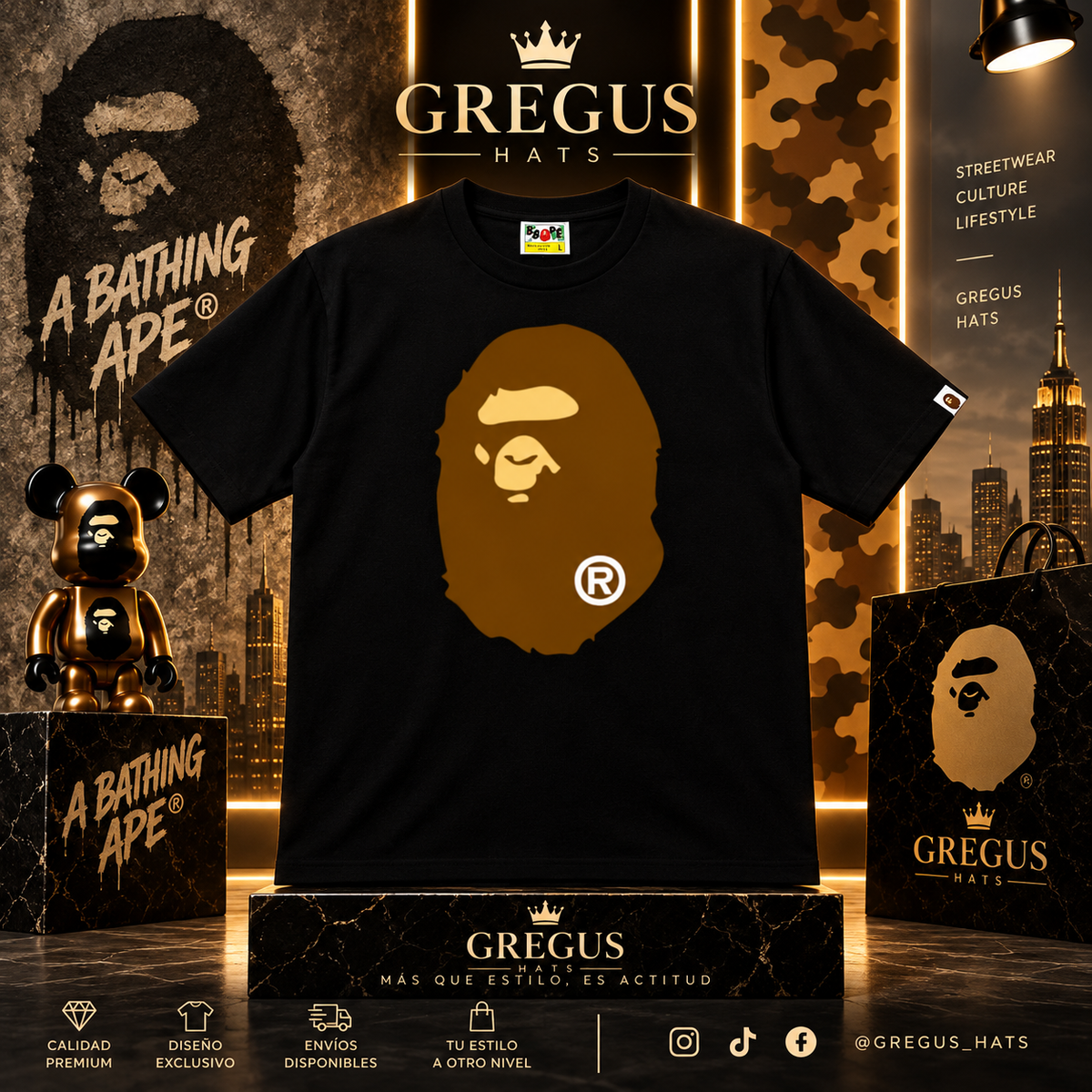 BAPE A Bathing Ape – Brown Ape Head Tee – Black