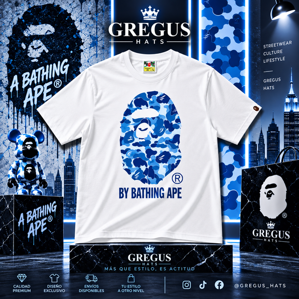 BAPE A Bathing Ape – Blue Camo Ape Head Tee – White