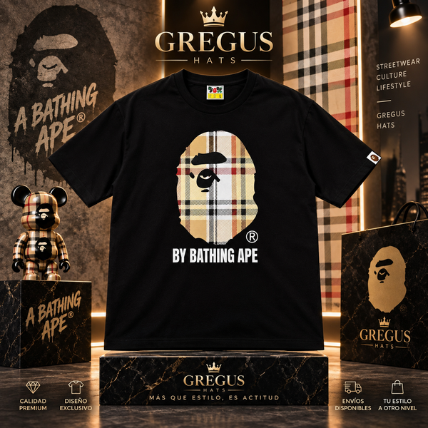 BAPE A Bathing Ape – Beige Check Big Ape Head Tee – Black