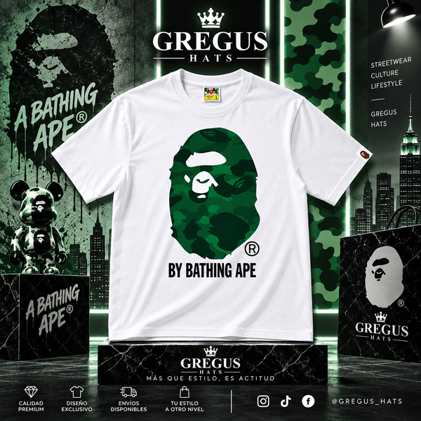 BAPE A Bathing Ape – Green Camo Ape Head Tee – White