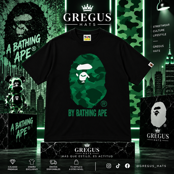 BAPE A Bathing Ape – Green Camo Ape Head Tee – Black