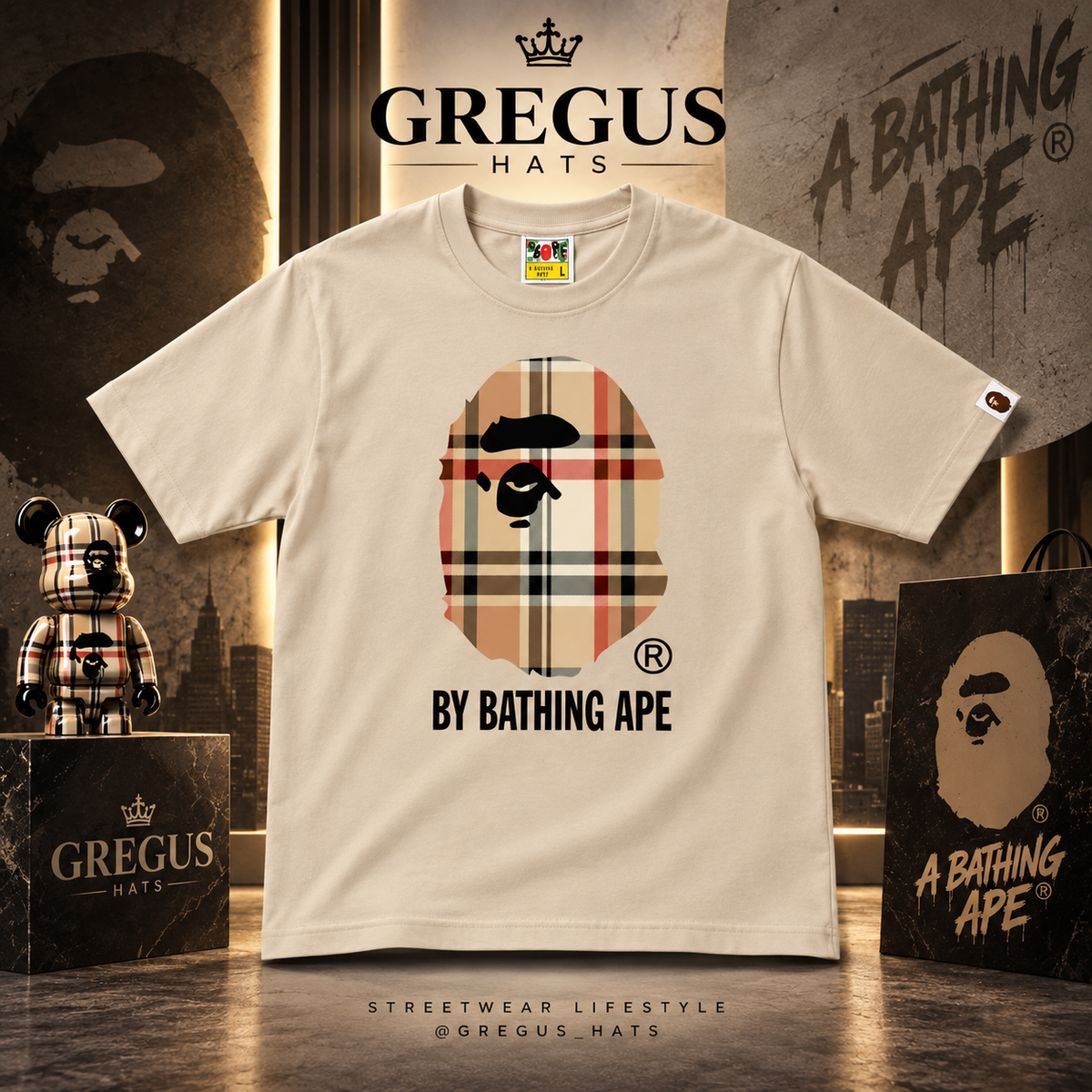 BAPE A Bathing Ape – Beige Check Big Ape Head Tee