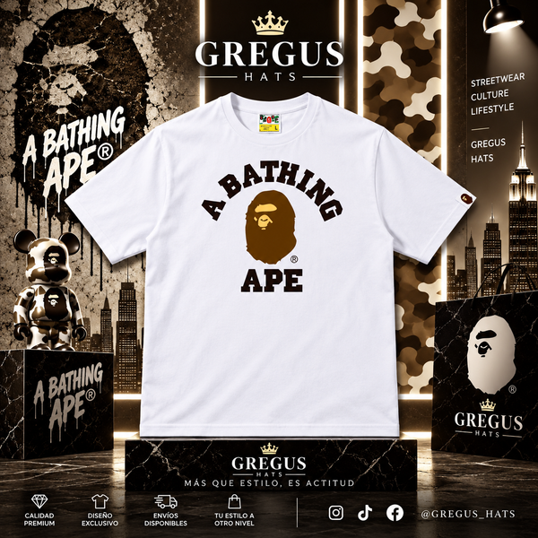 BAPE A Bathing Ape – College Logo Ape Head Tee – White/Gold