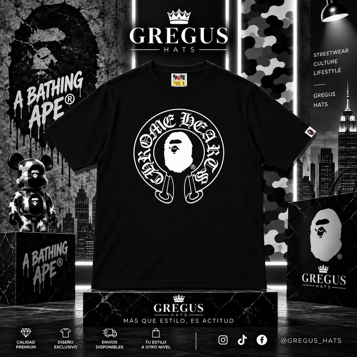 BAPE A Bathing Ape – Chrome Hearts Style Ape Head Tee – Black