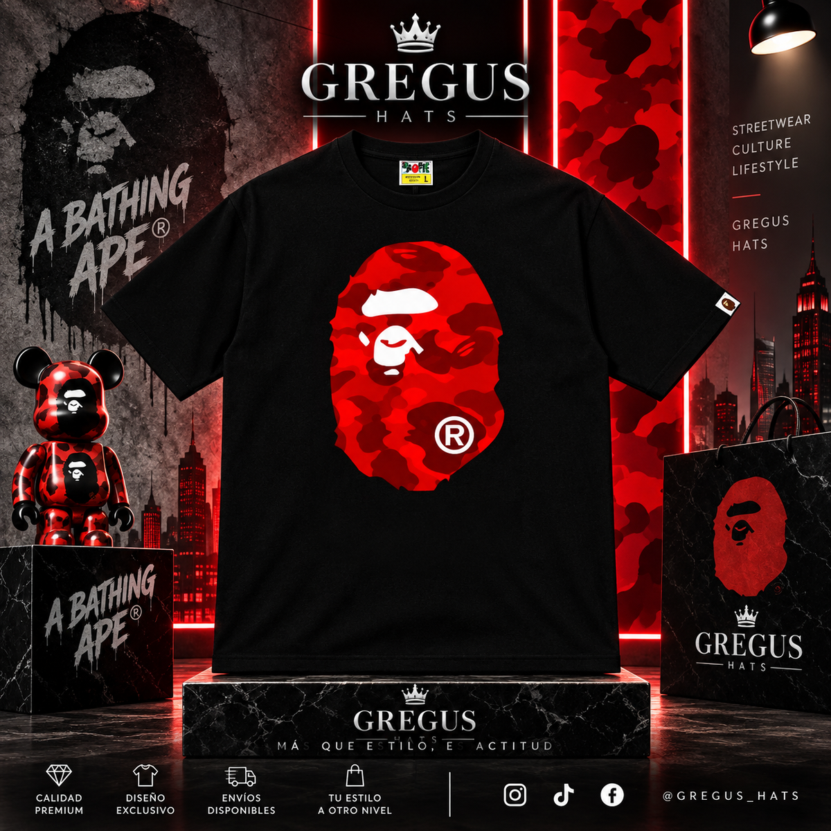BAPE A Bathing Ape – Red Camo Big Ape Head Tee – Black
