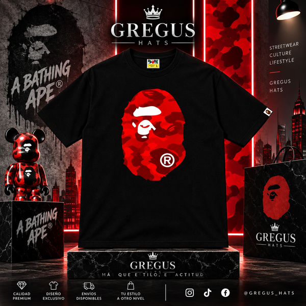 BAPE A Bathing Ape – Red Camo Big Ape Head Tee – Black