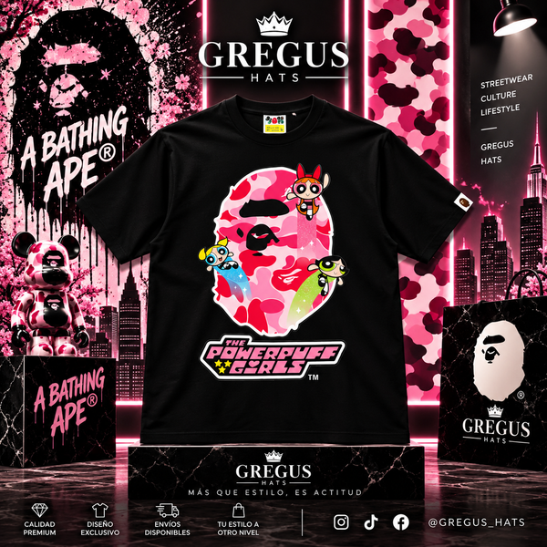 BAPE × The Powerpuff Girls – ABC Camo Ape Head Tee – Black/Pink