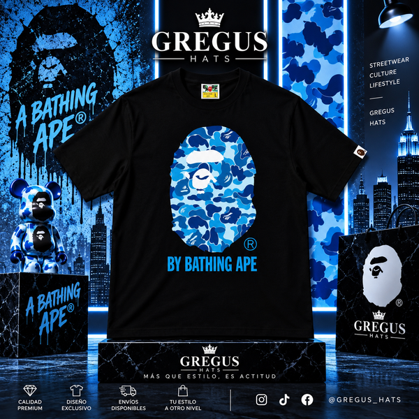 BAPE A Bathing Ape – Blue Camo Ape Head Tee – Black